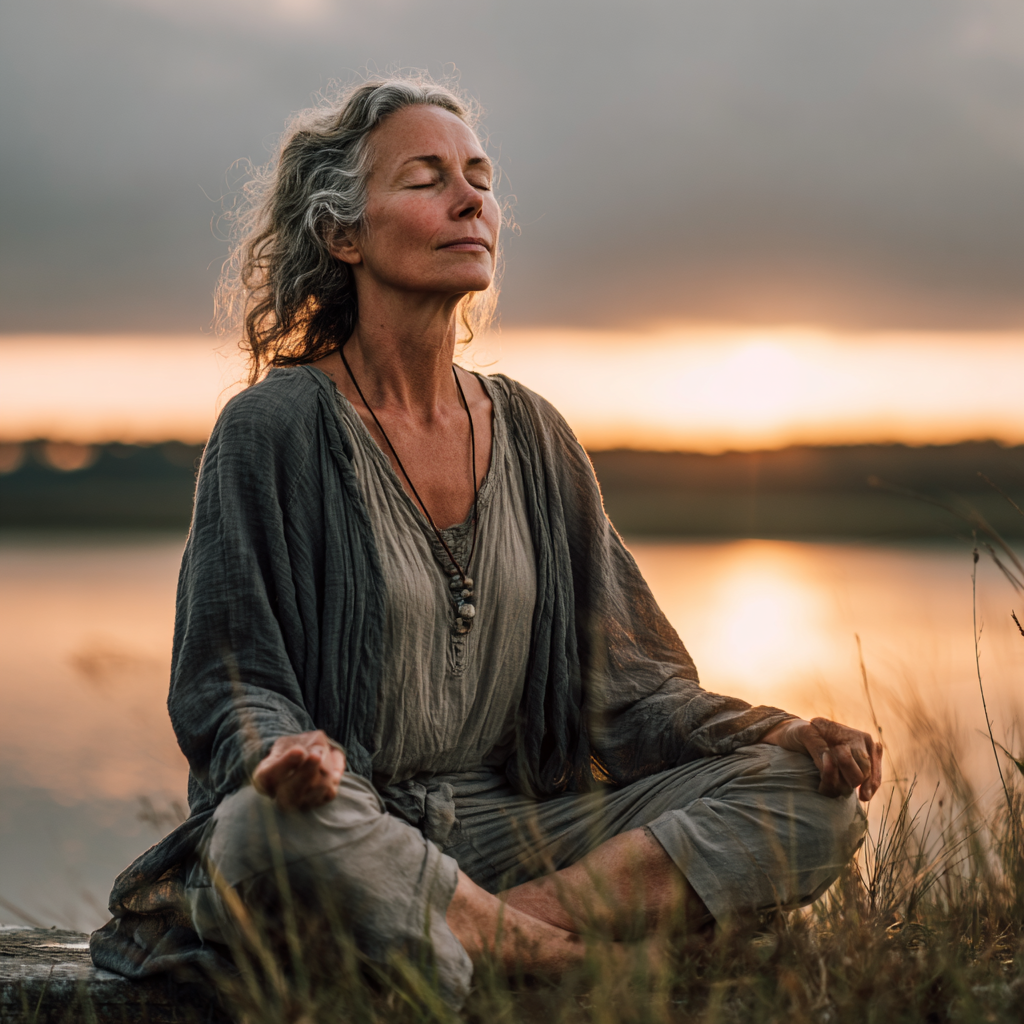 Experienced woman in peaceful meditation pose practicing mindfulness in serene environment