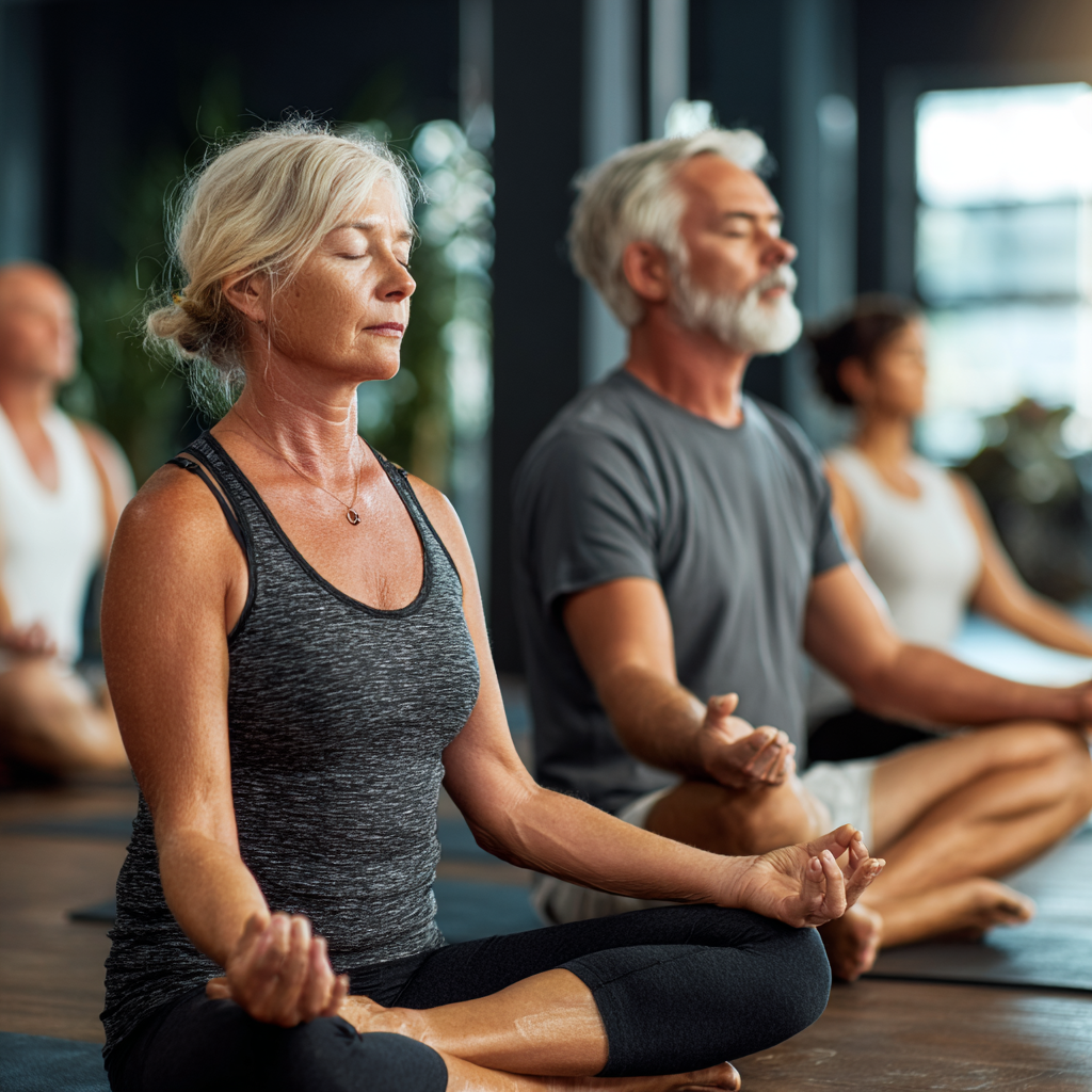 Mature adults in yoga class practicing various poses in peaceful studio environment